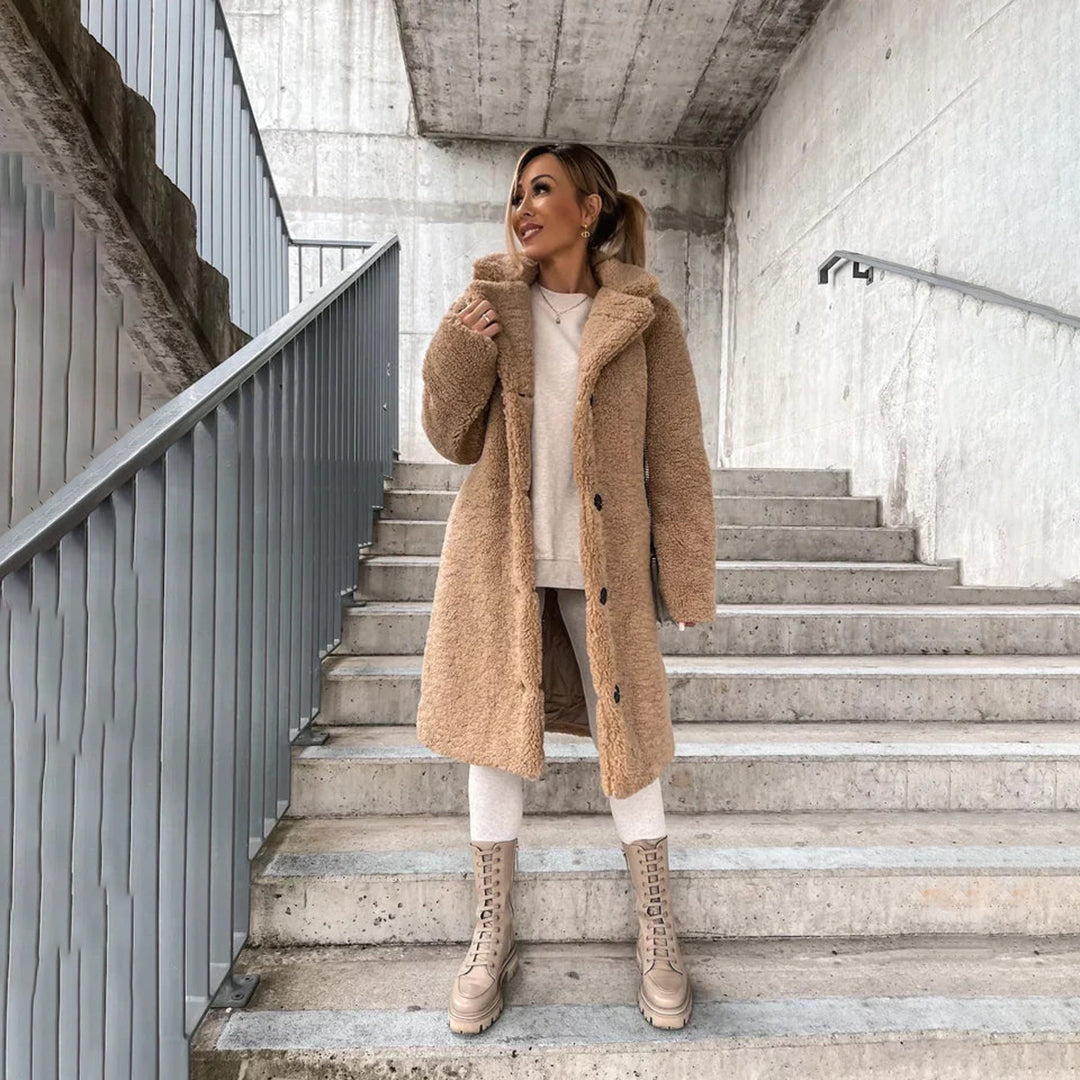 Manteau teddy pour femme hiver long ultra doux en fausse fourrure coupe droite Éléonore