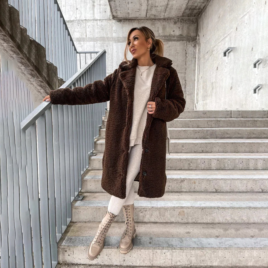 Manteau teddy pour femme hiver long ultra doux en fausse fourrure coupe droite Éléonore