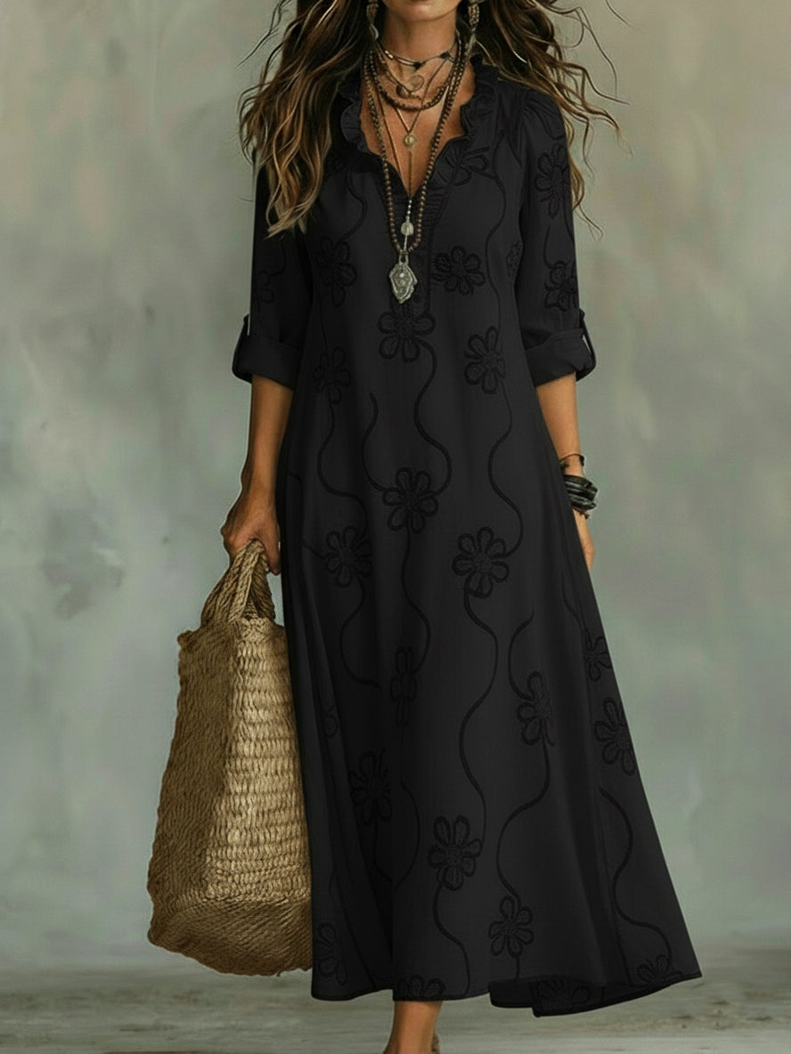 Hortense – Robe maxi à imprimé floral embossé et col à volants femme