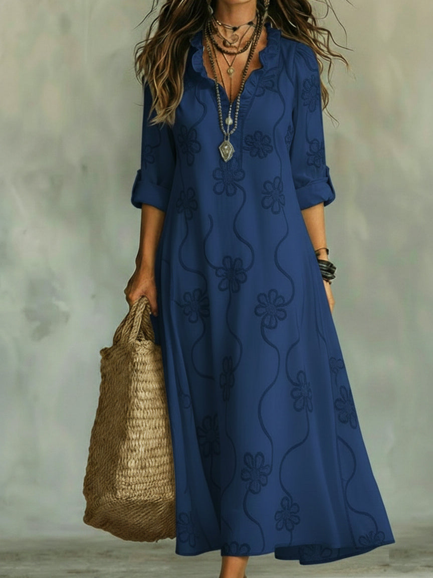 Hortense – Robe maxi à imprimé floral embossé et col à volants femme