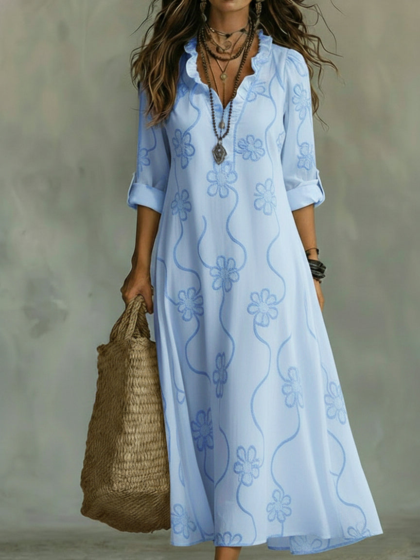 Hortense – Robe maxi à imprimé floral embossé et col à volants femme