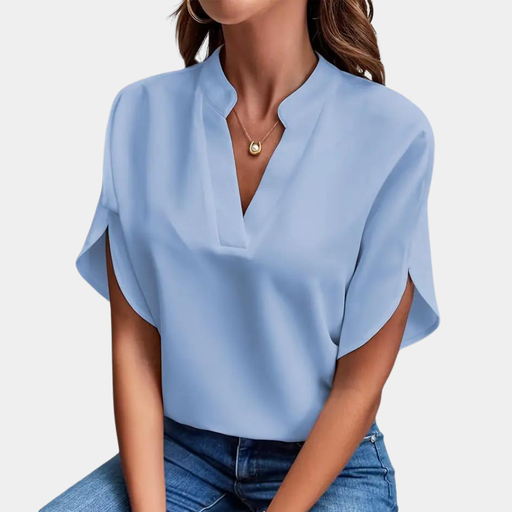 Blouse unie à col V et manches courtes – élégance légère et style polyvalent