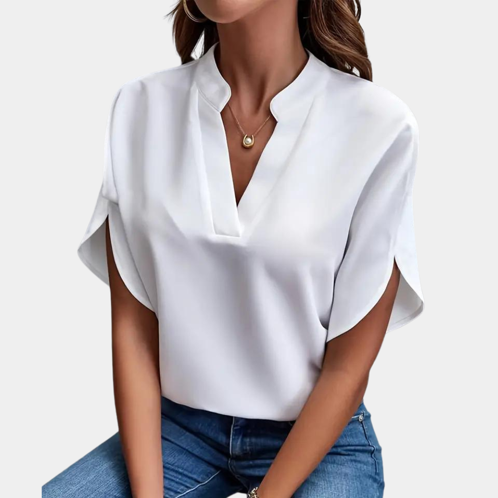 Blouse unie à col V et manches courtes – élégance légère et style polyvalent