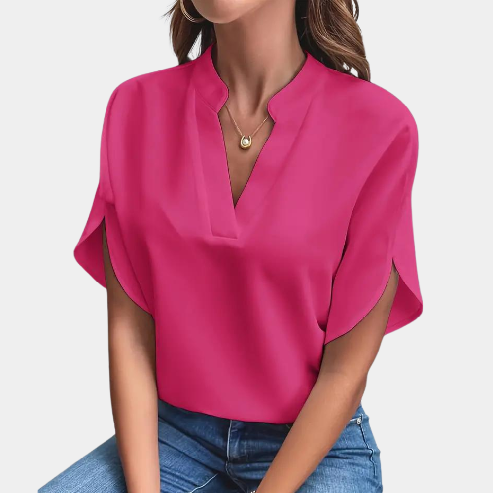 Blouse unie à col V et manches courtes – élégance légère et style polyvalent