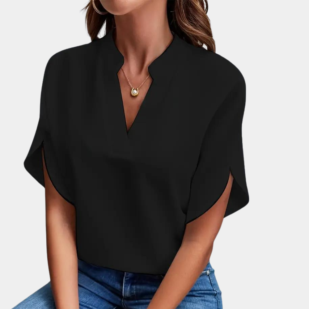 Blouse unie à col V et manches courtes – élégance légère et style polyvalent