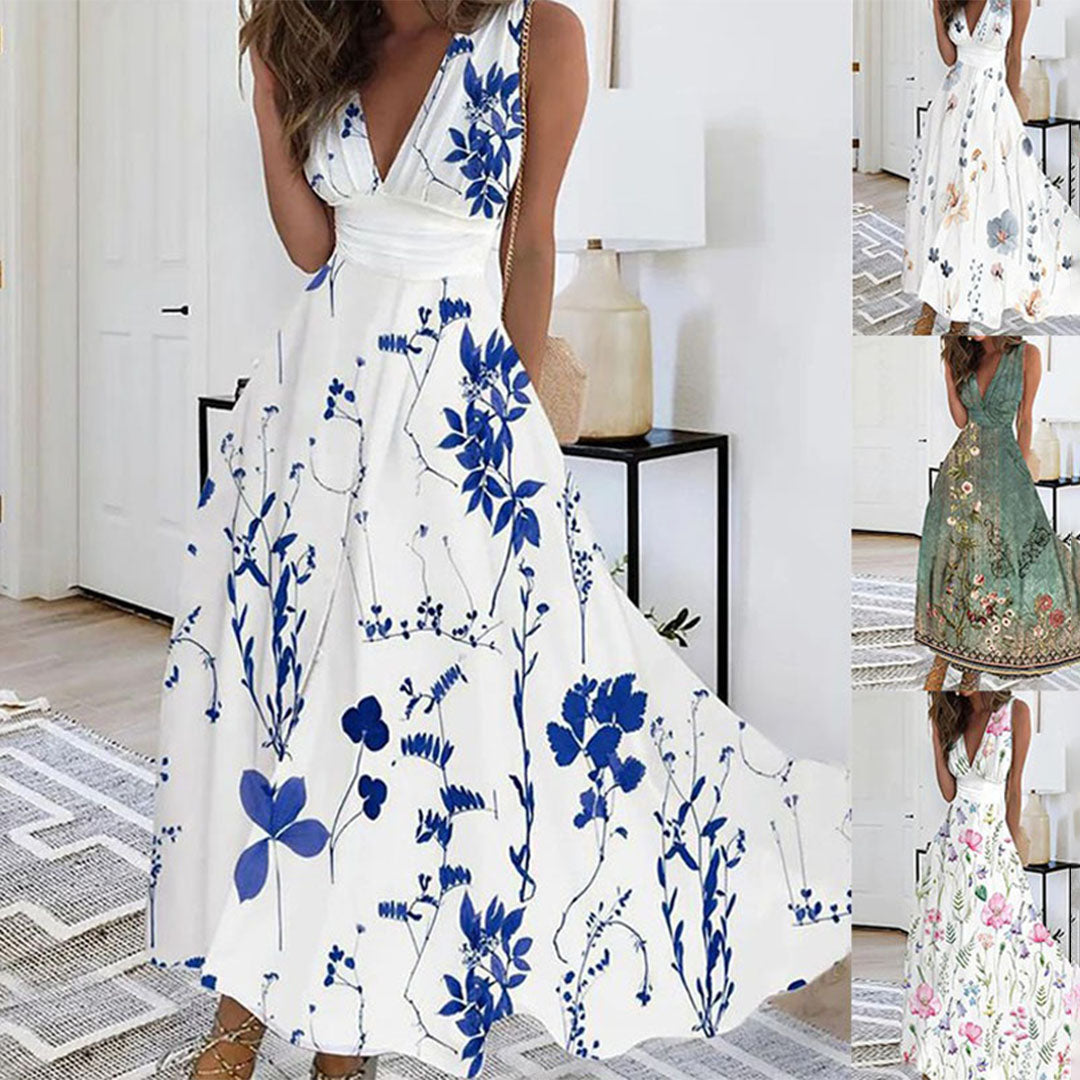 Léa – Robe maxi d’été fluide à col en V profond imprimé floral femme