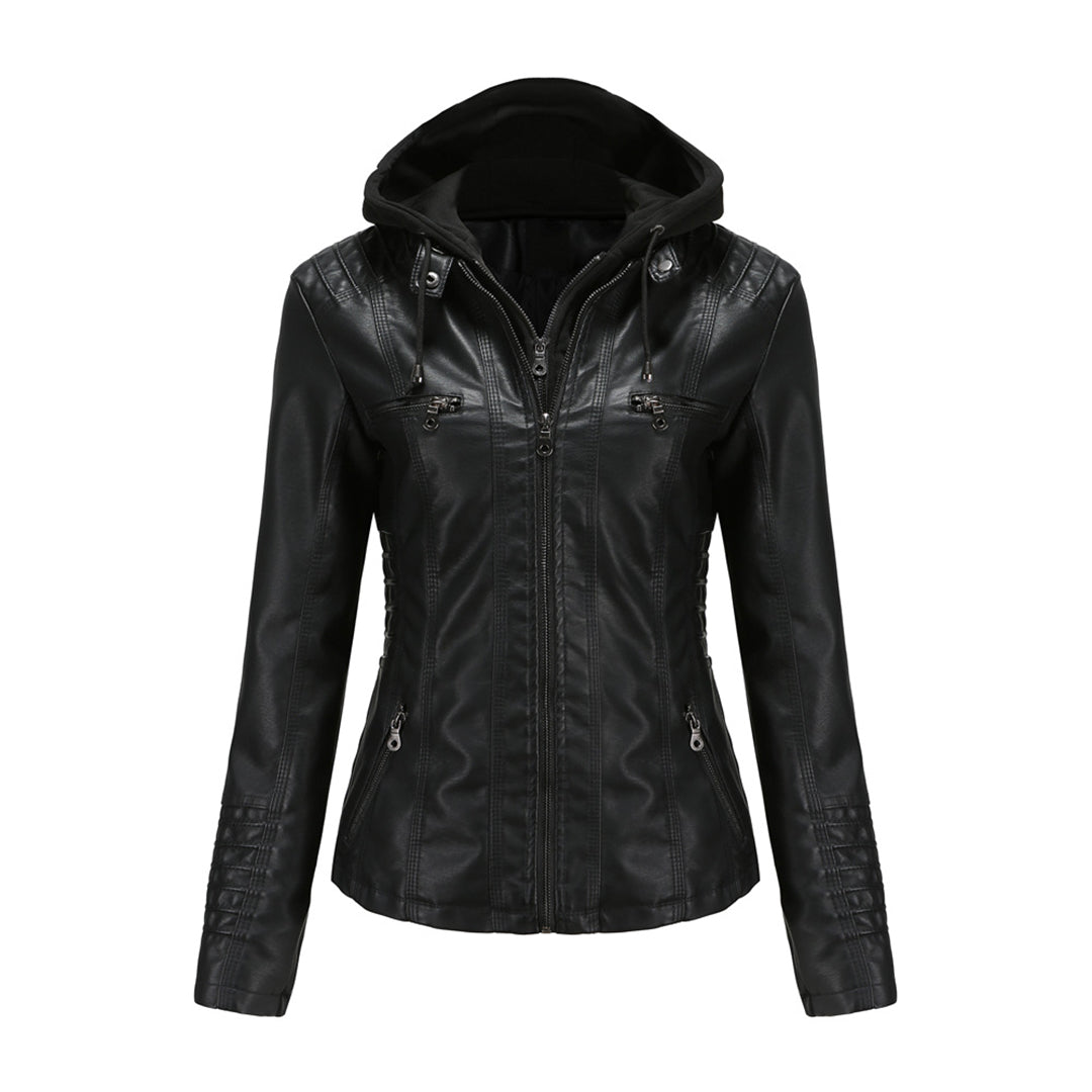 Veste en similicuir pour femme automne avec capuche amovible et double fermeture zippée Barbara