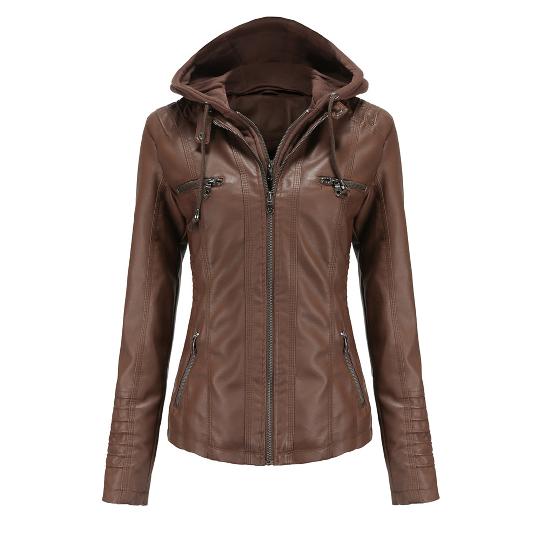 Veste en similicuir pour femme automne avec capuche amovible et double fermeture zippée Barbara