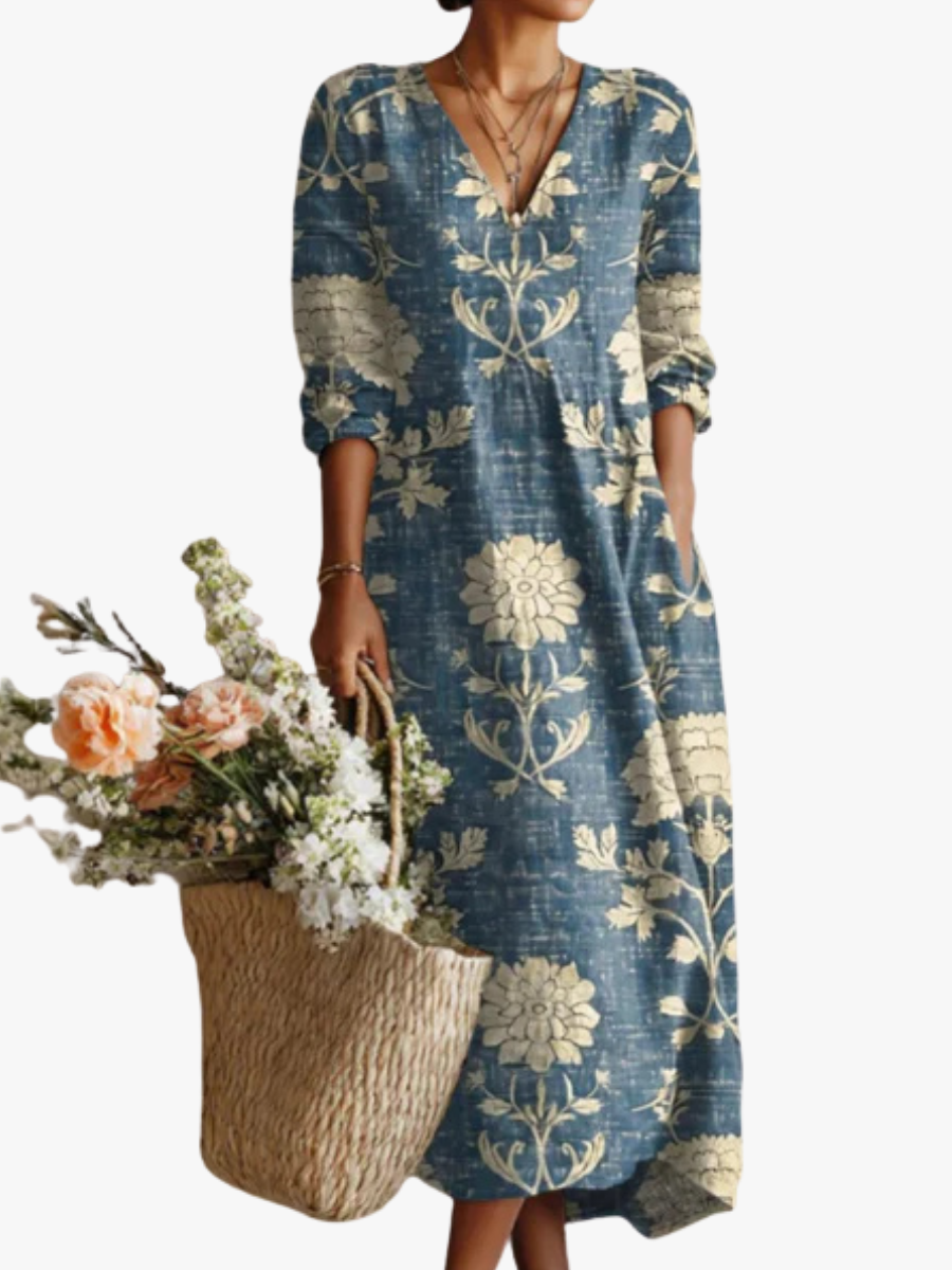 Robe midi en lin à motif artistique et poches