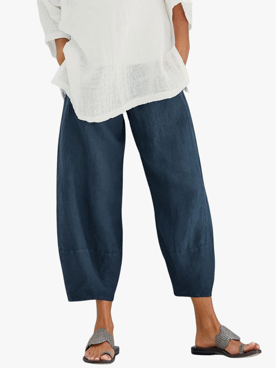Pantalon court femme en coton à taille élastique et poches