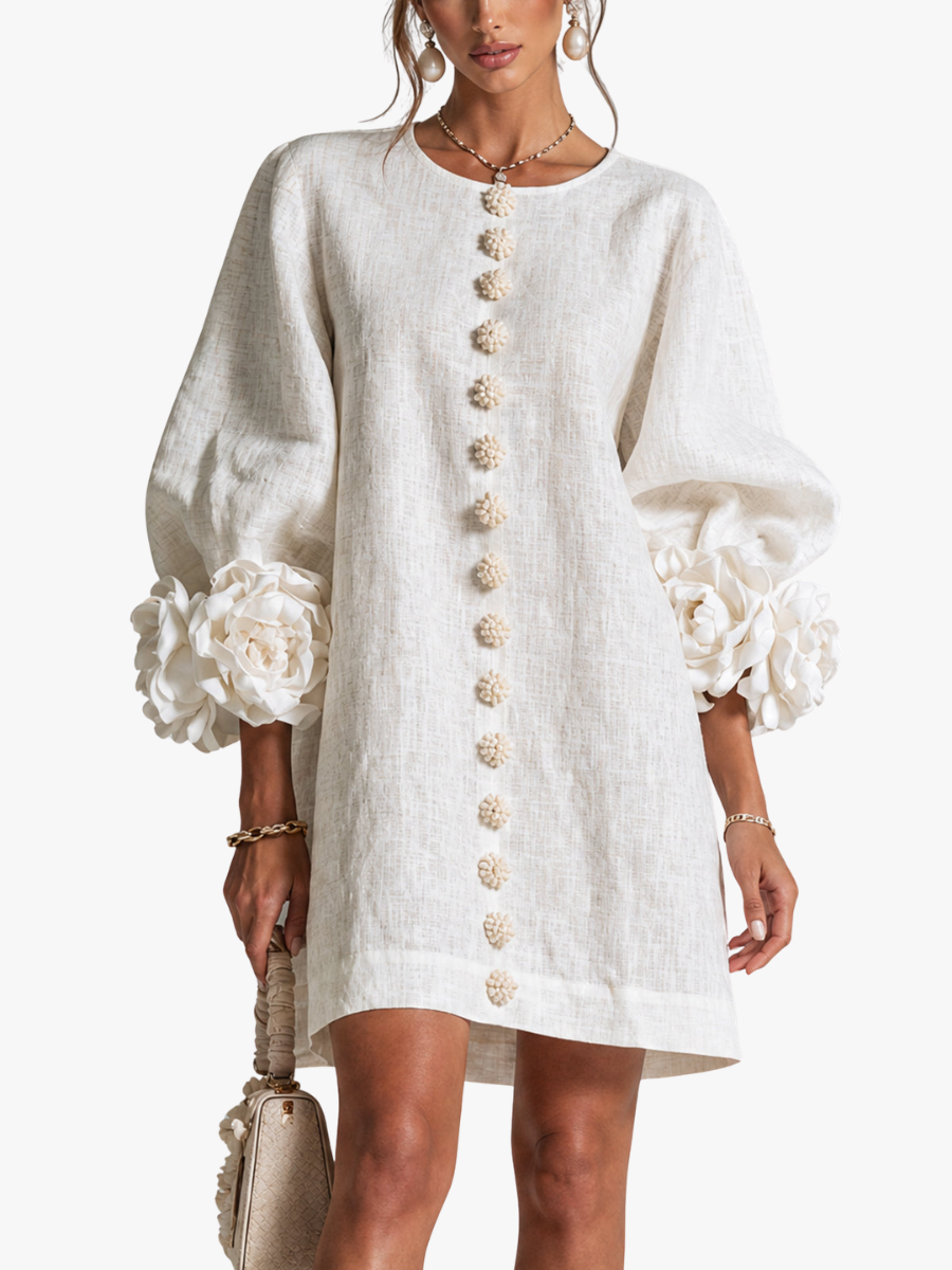 Robe élégante trapèze courte boutonnée à manches bouffantes