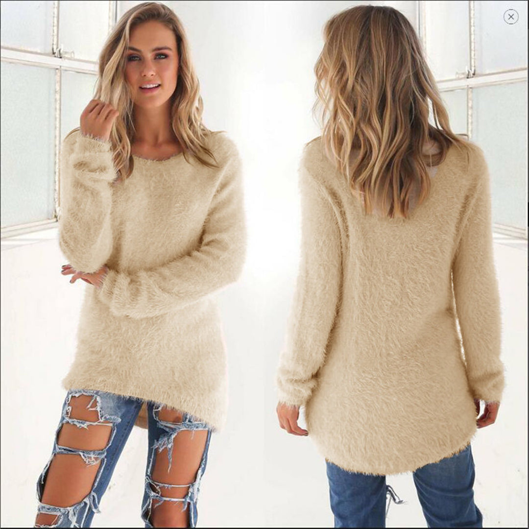 Pull pour femme automne léger duveteux en maille synthétique avec col rond Isaline