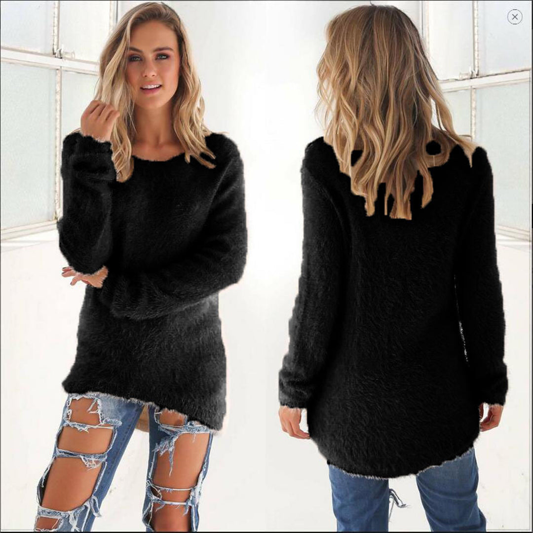 Pull pour femme automne léger duveteux en maille synthétique avec col rond Isaline