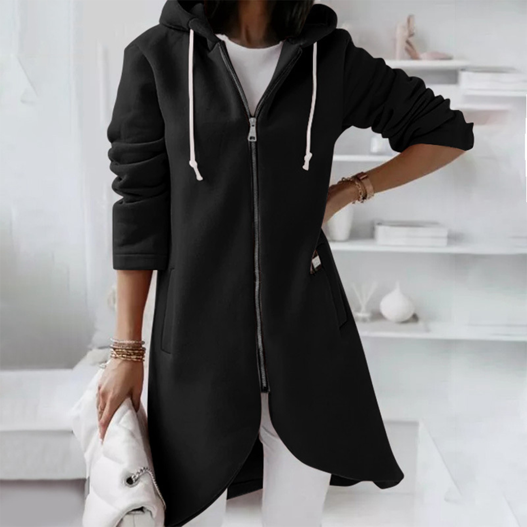 Veste longue pour femmes automne élégante confortable en polyester doux avec capuche Jemma