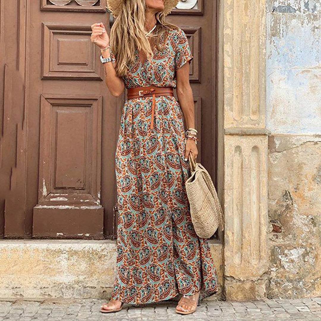 Robe longue à col V avec ceinture – confort souple et charme boho revisité