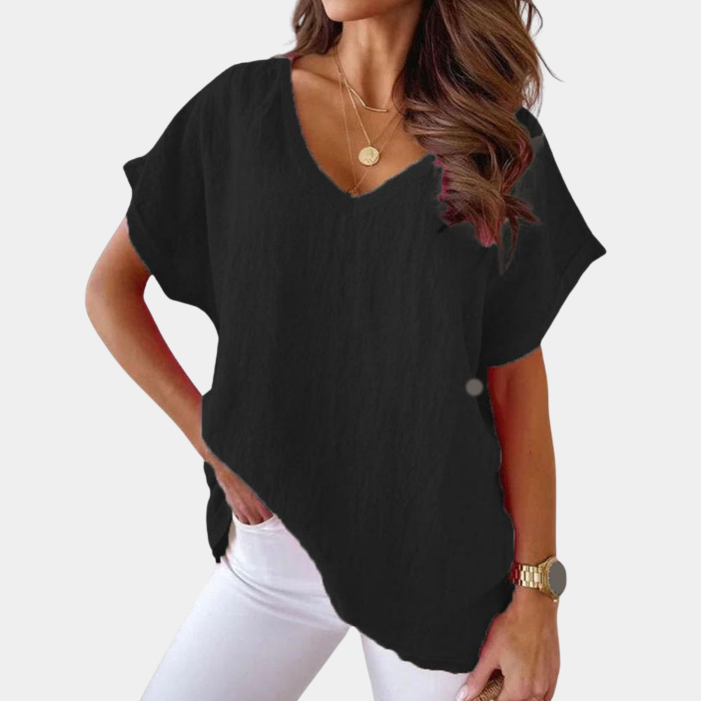 T-shirt pour femme automne ample fluide en tissu doux avec col V Carina