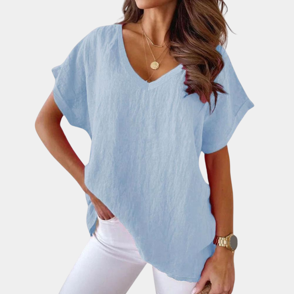 T-shirt pour femme automne ample fluide en tissu doux avec col V Carina
