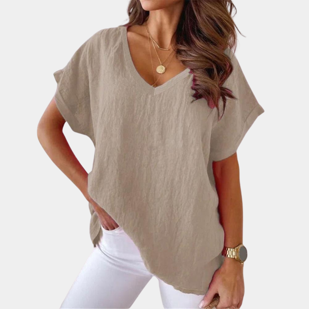 T-shirt pour femme automne ample fluide en tissu doux avec col V Carina