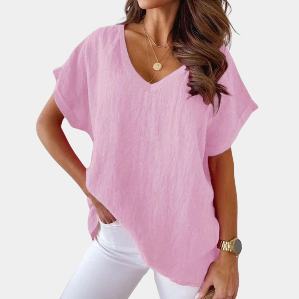 T-shirt pour femme automne ample fluide en tissu doux avec col V Carina