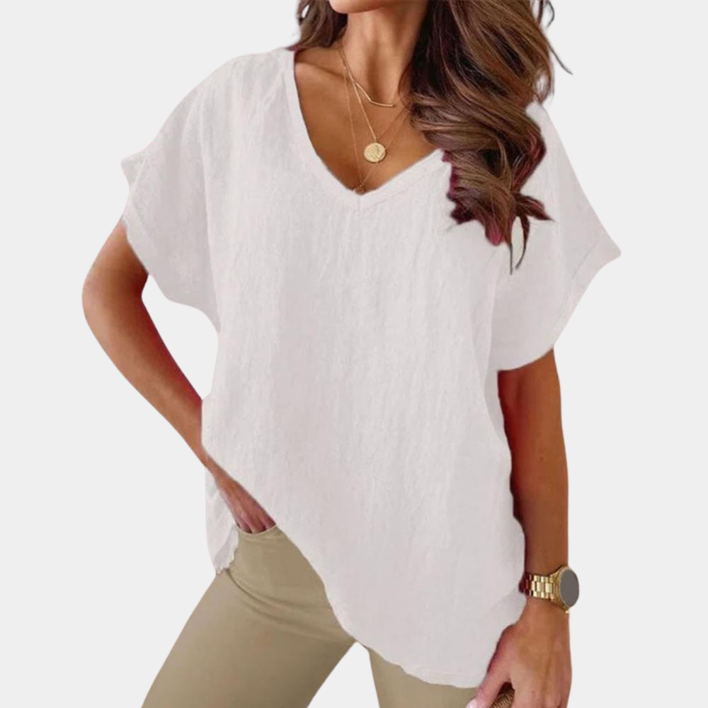 T-shirt pour femme automne ample fluide en tissu doux avec col V Carina