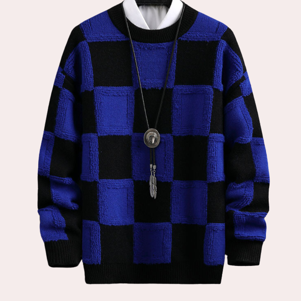 Maxime – Pull homme à carreaux et col rond