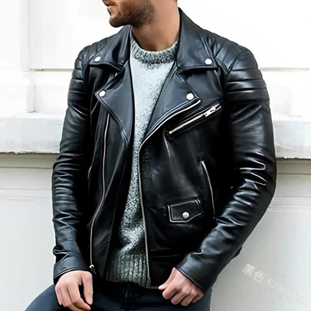 Veste en similicuir pour homme automne style biker à col à revers zippée à coupe slim Cruz
