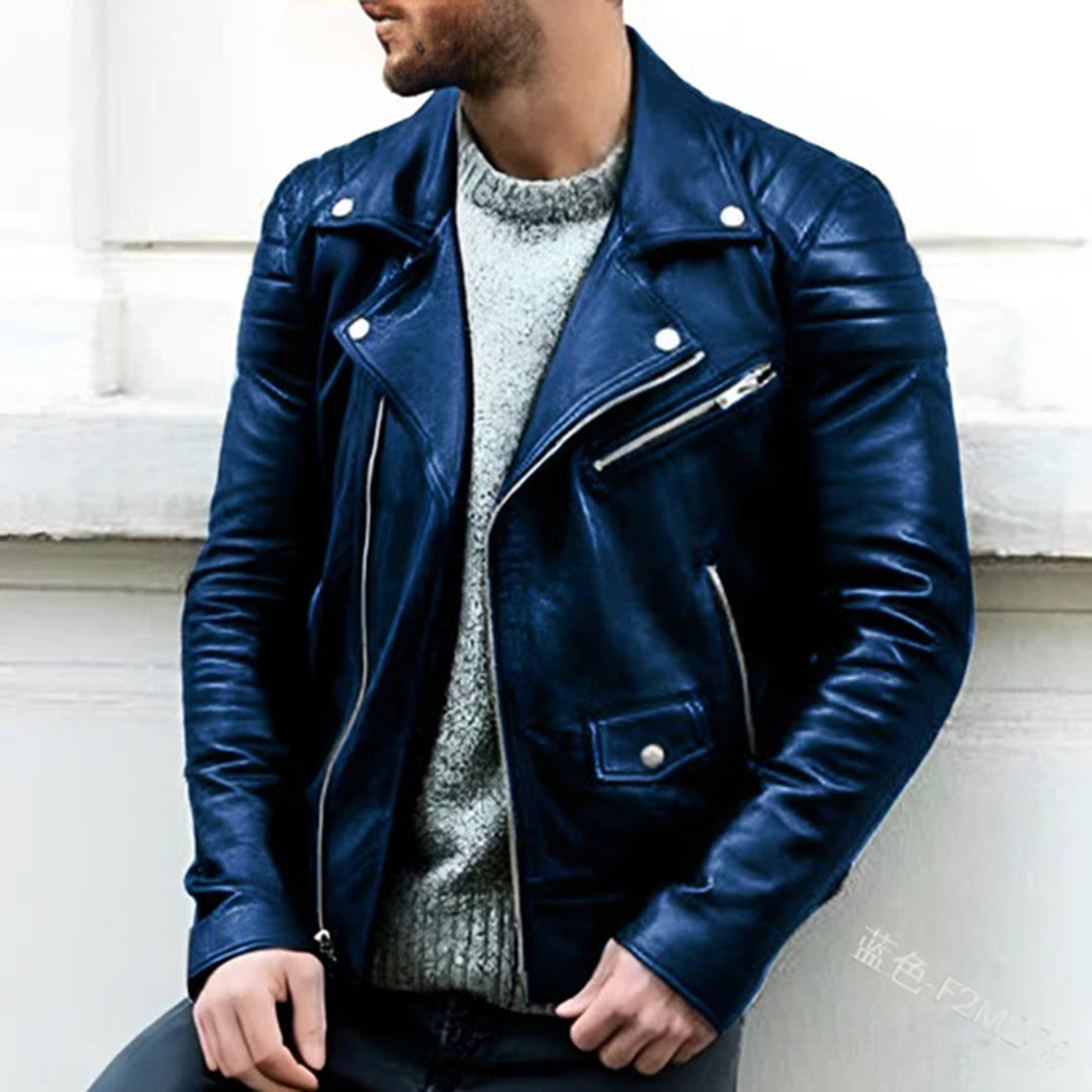Veste en similicuir pour homme automne style biker à col à revers zippée à coupe slim Cruz