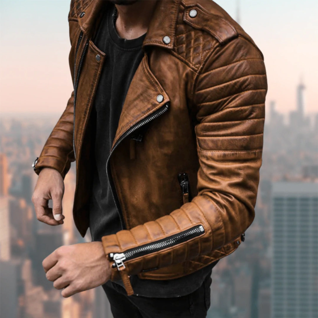 Veste en similicuir pour homme automne style biker à col à revers zippée à coupe slim Cruz