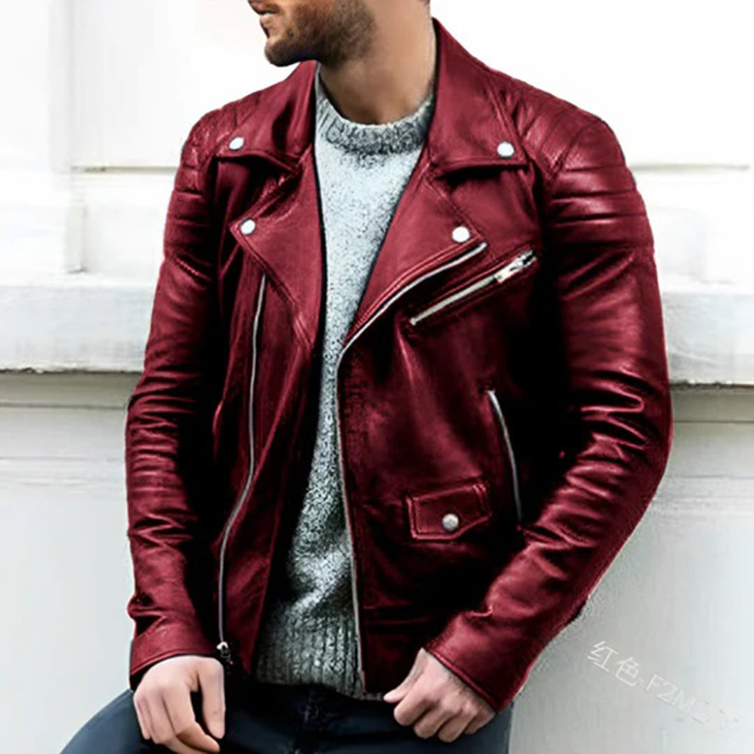 Veste en similicuir pour homme automne style biker à col à revers zippée à coupe slim Cruz