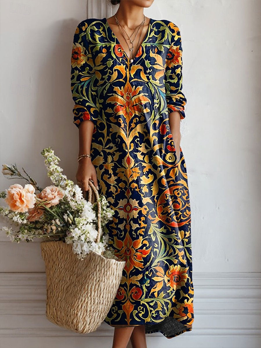 Léontine – Robe midi en coton bleu marine à motif baroque bohème et col en V femme