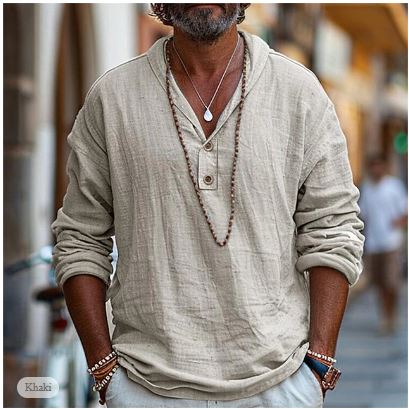 Chemise homme en lin à col en V – manches longues et confort estival