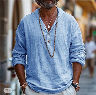 Chemise homme en lin à col en V – manches longues et confort estival