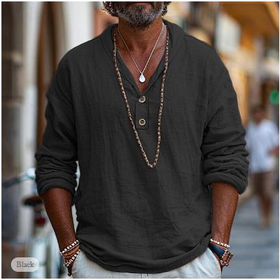 Chemise homme en lin à col en V – manches longues et confort estival
