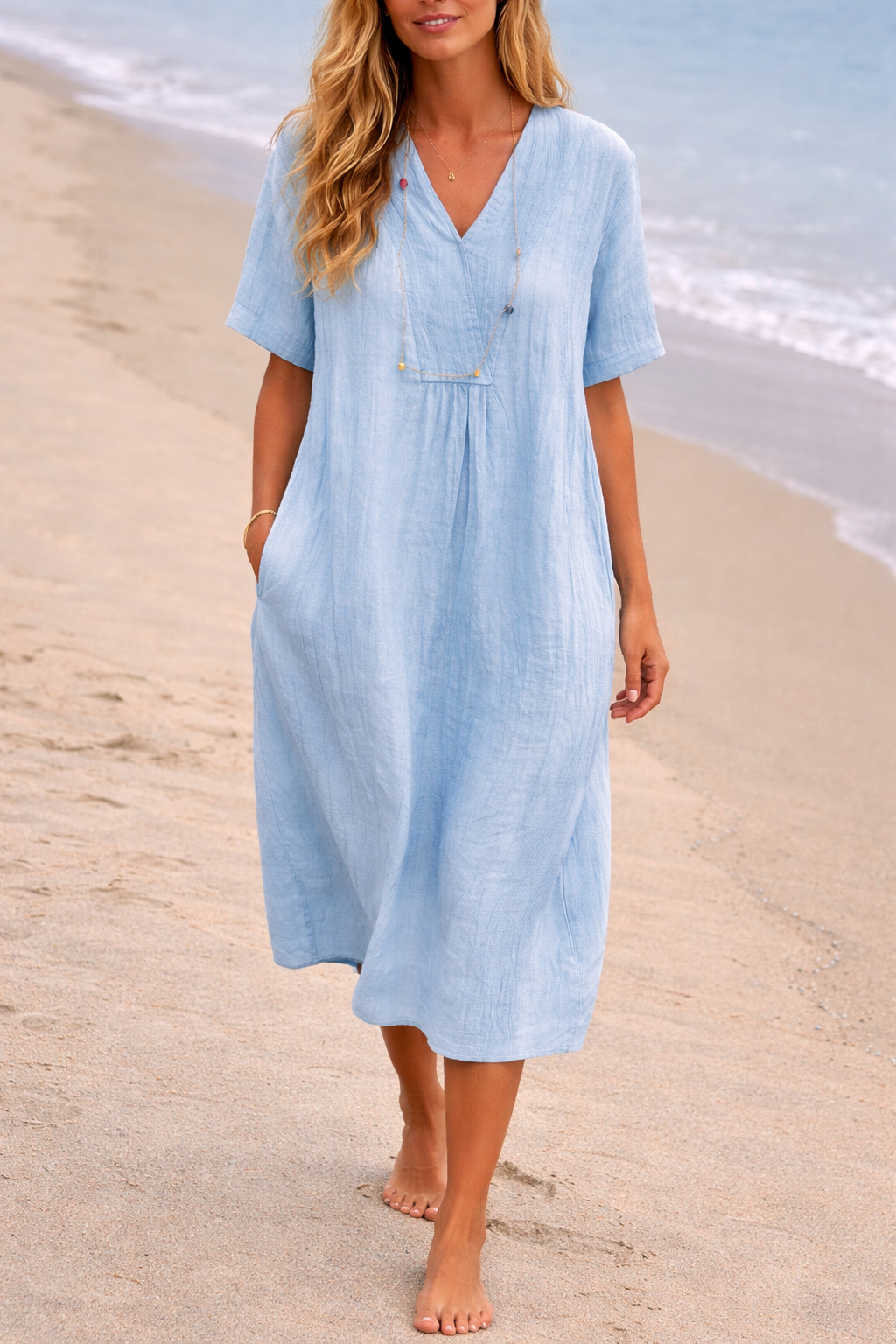 Robe midi en lin à col en V coupe décontractée avec poches