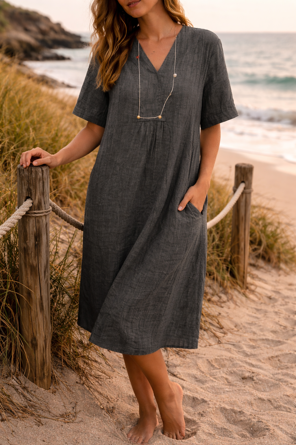 Robe midi en lin à col en V coupe décontractée avec poches