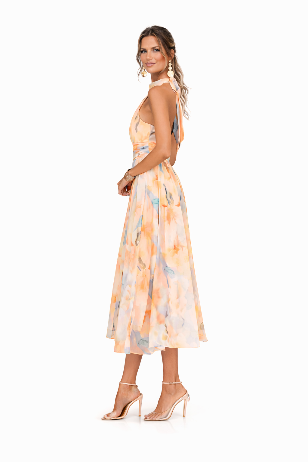 Flavie – Robe maxi fleurie pêche fluide dos-nu invitée de mariage femme