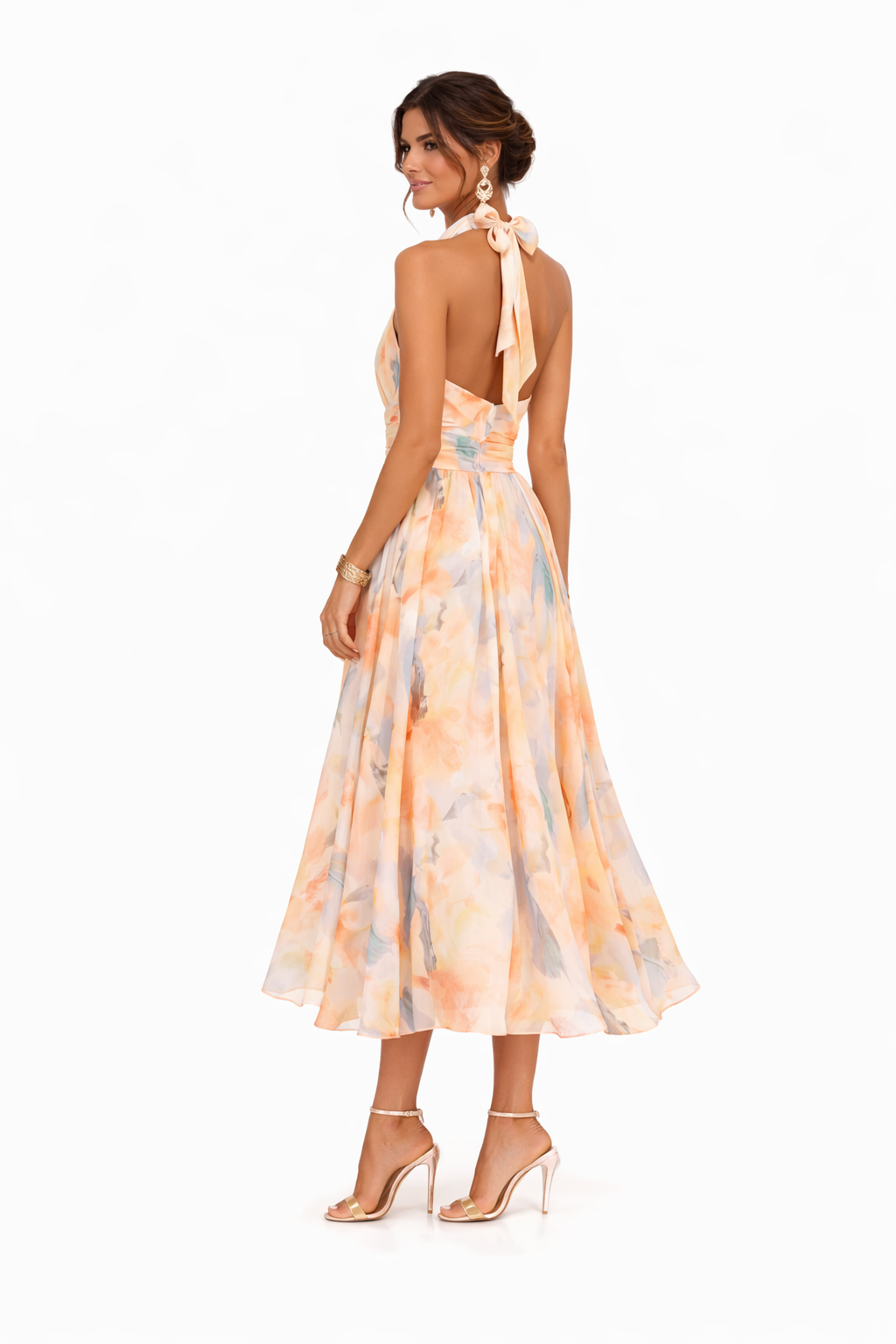 Flavie – Robe maxi fleurie pêche fluide dos-nu invitée de mariage femme