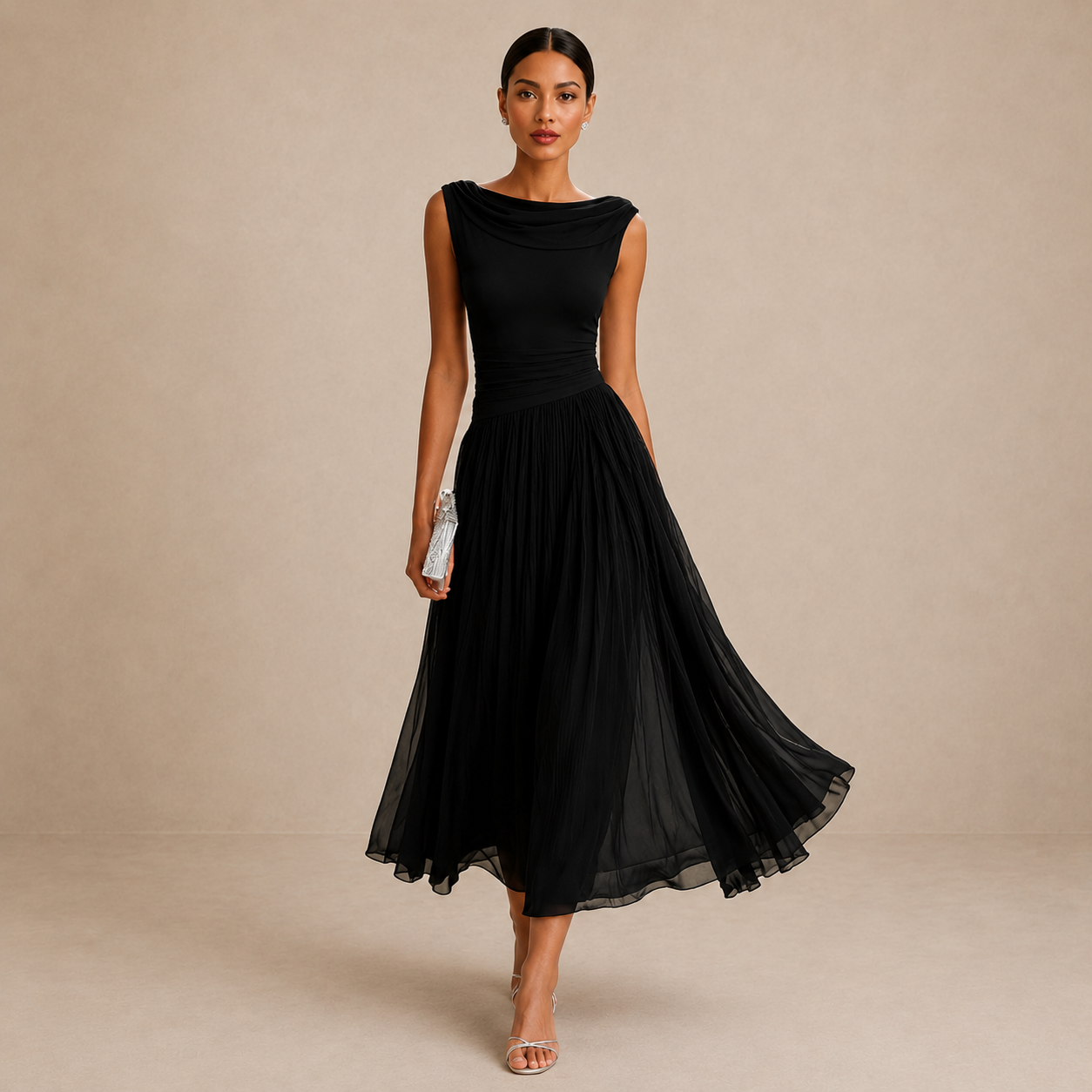 Robe midi élégante à décolleté froncé et jupe fluide
