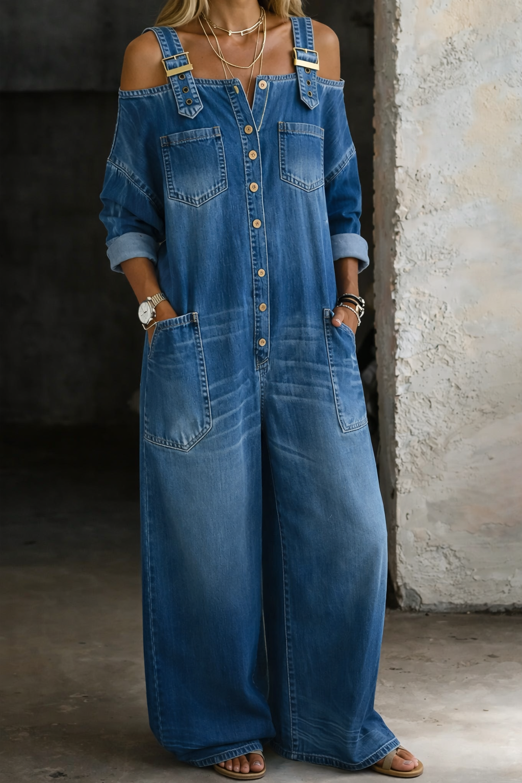 Salopette femme en denim à épaules dégagées et coupe ample