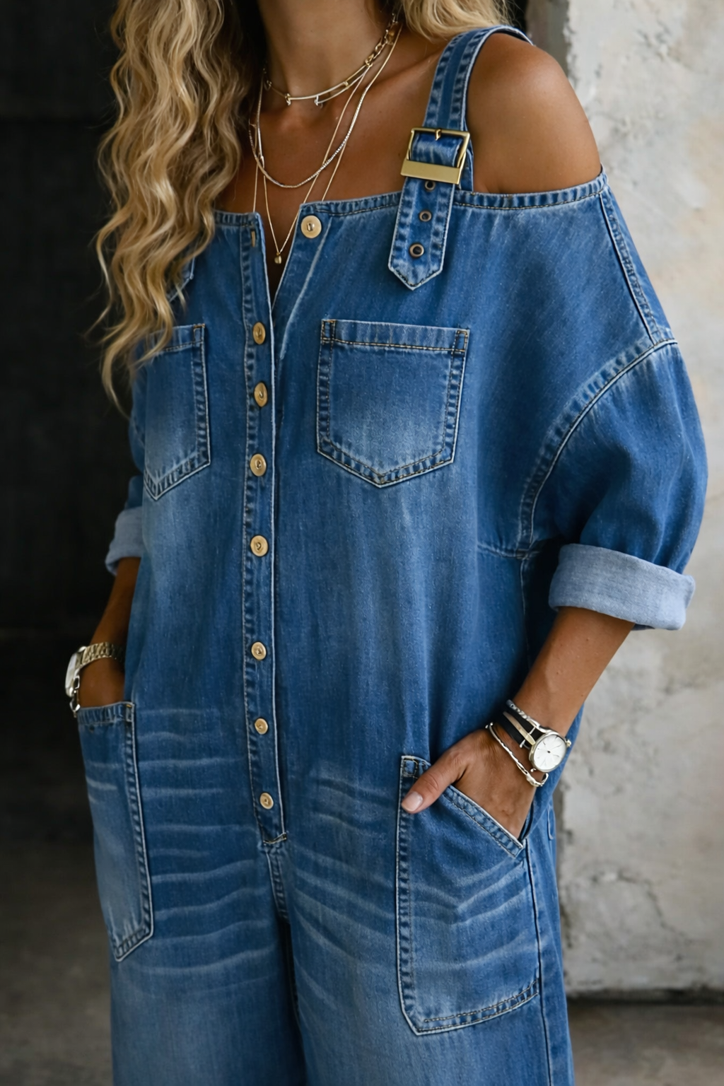Salopette femme en denim à épaules dégagées et coupe ample