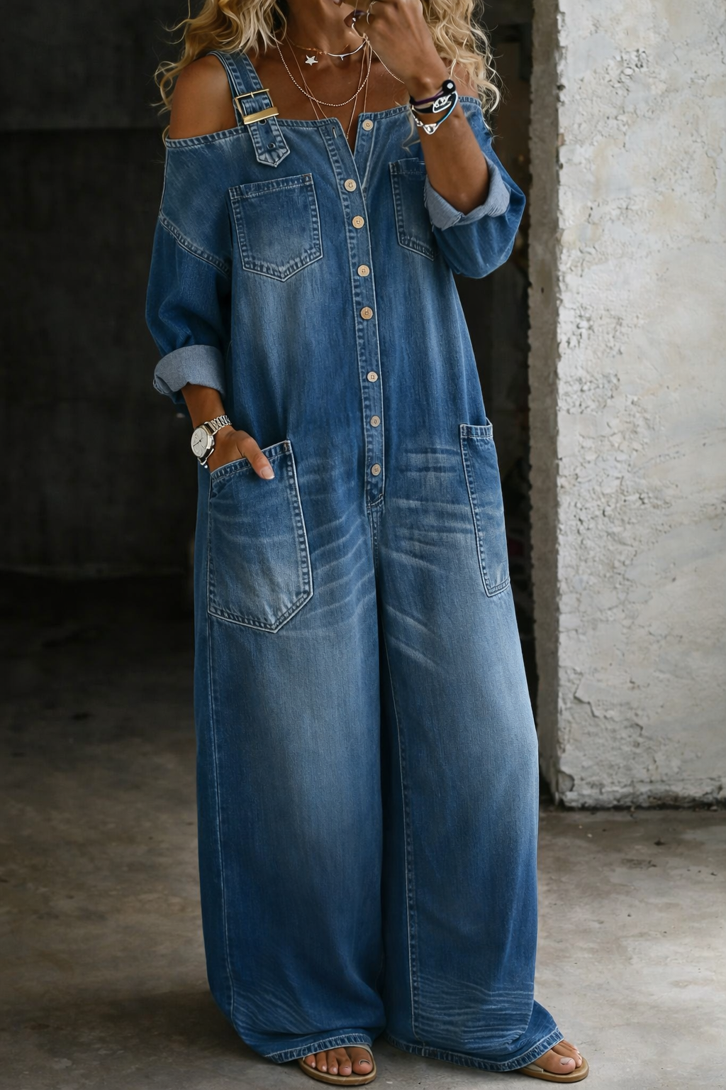 Salopette femme en denim à épaules dégagées et coupe ample