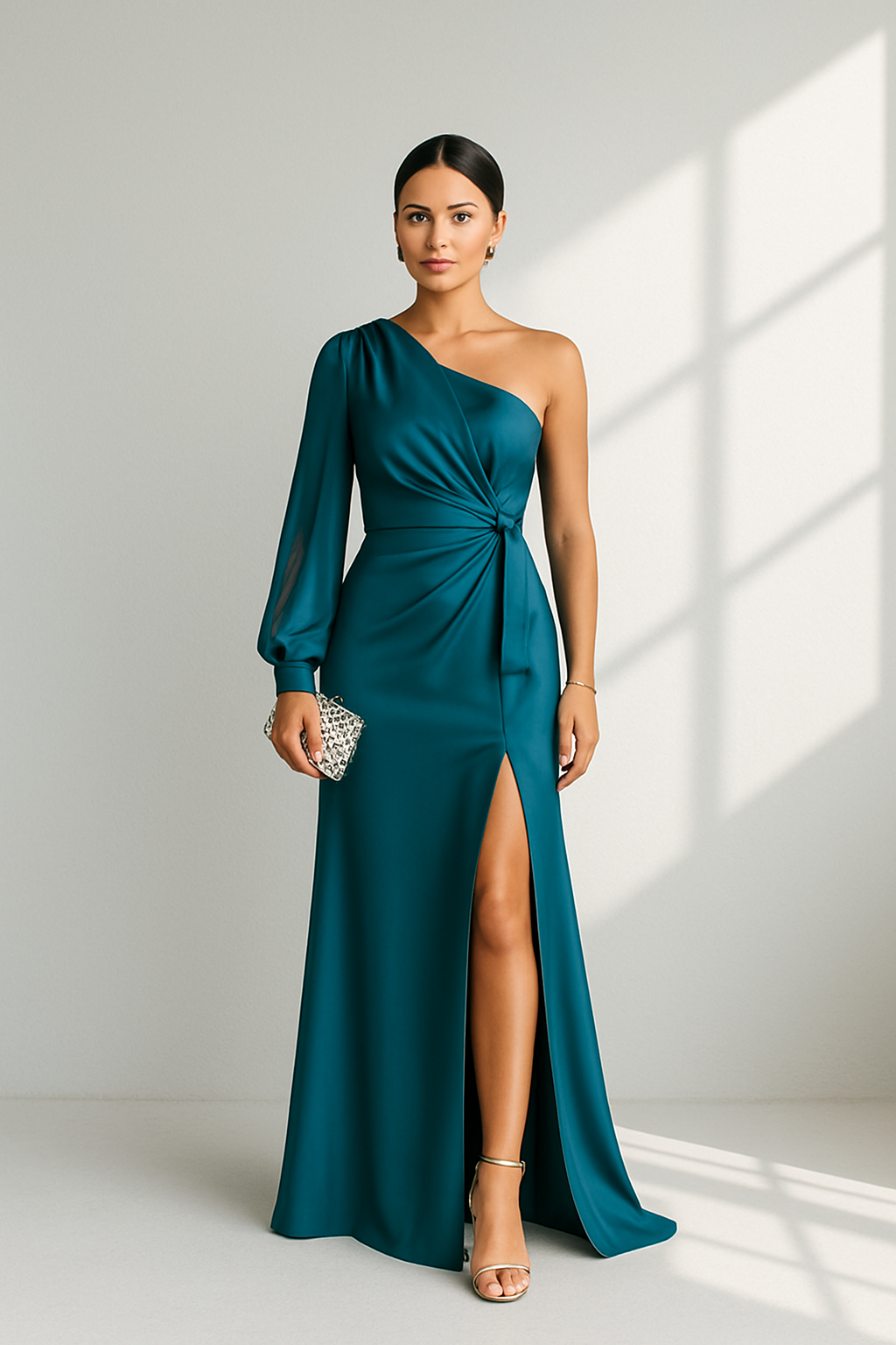 Robe asymétrique avec drapé et fente – élégance sculptée en mouvement