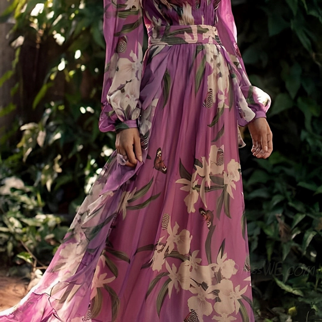 Adélaïde – Robe maxi d'été fleurie à col en V et coupe confortable femme