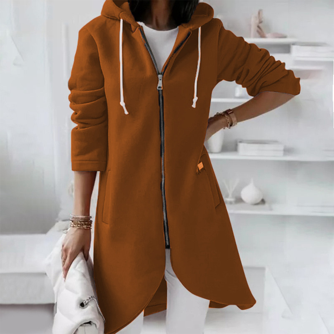 Veste longue pour femmes automne élégante confortable en polyester doux avec capuche Jemma