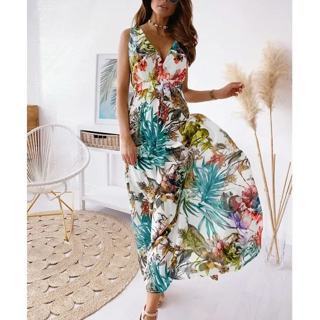 Robe longue à imprimé tropical, coupe ample et fluide