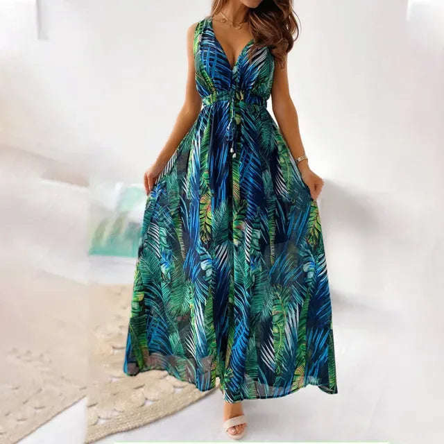 Robe longue à imprimé tropical, coupe ample et fluide