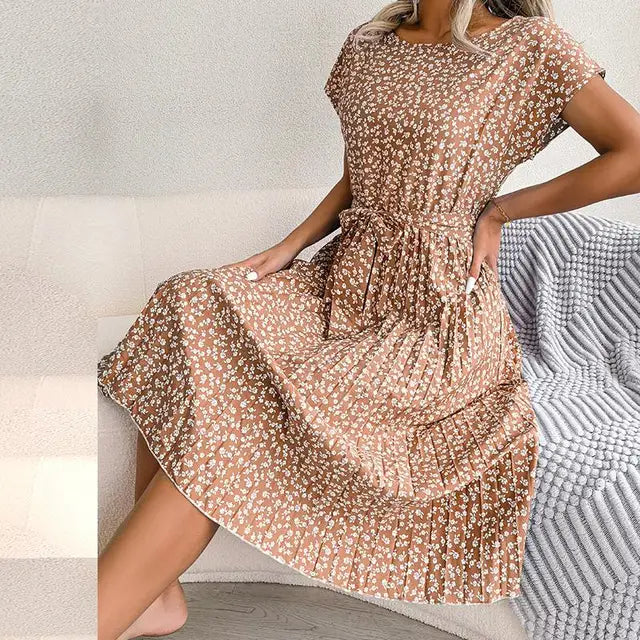 Amandine – Robe midi plissée à manches courtes avec ceinture à nouer femme
