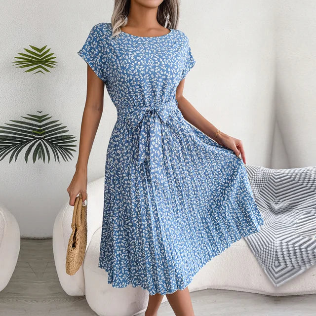 Amandine – Robe midi plissée à manches courtes avec ceinture à nouer femme