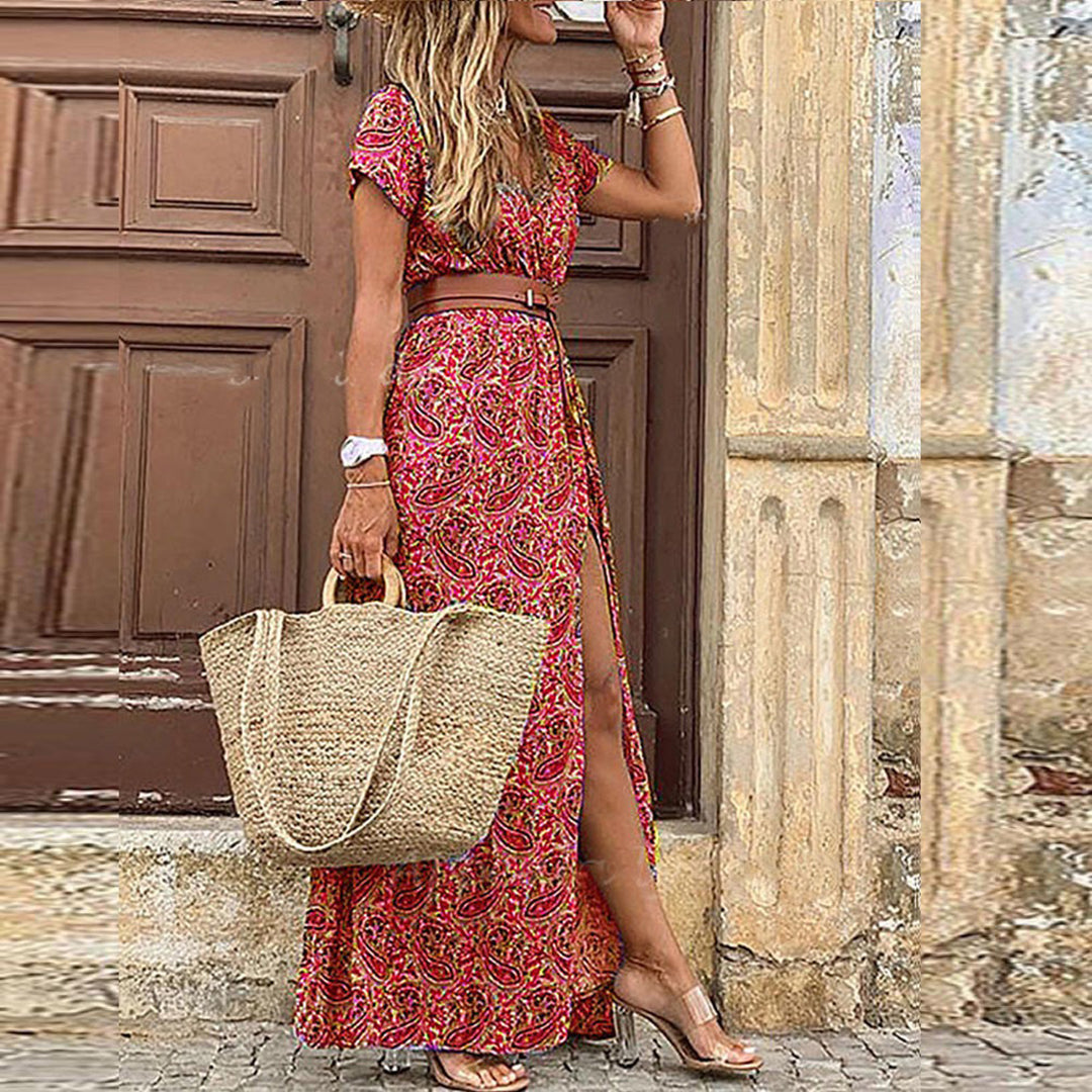 Robe longue à col V avec ceinture – confort souple et charme boho revisité