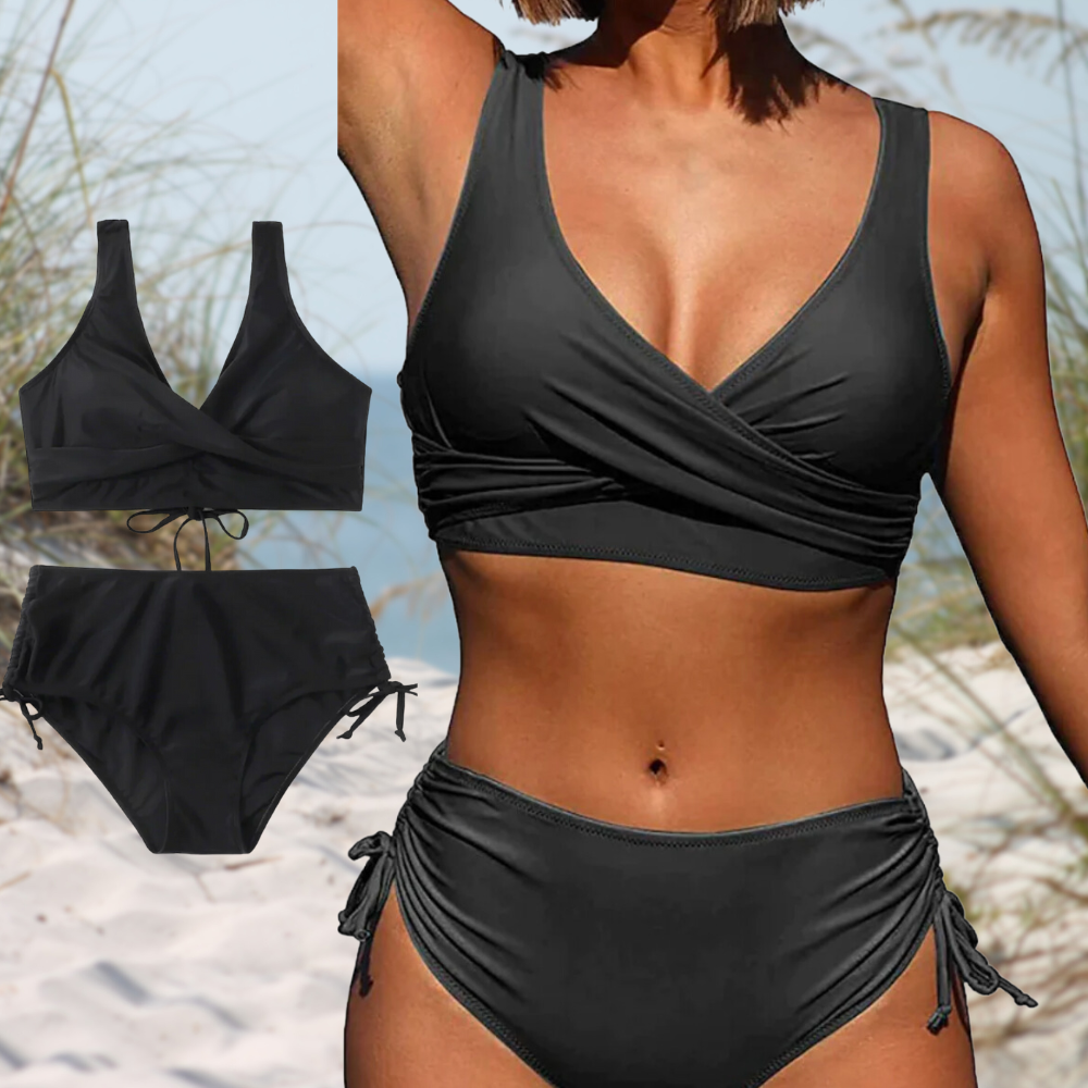 Bikini Taille Haute Croisé – Deux Pièces Confortables à Bretelles Larges et Culotte Froncée